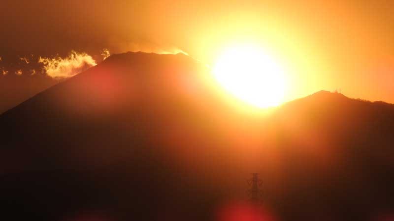 太陽が富士山の右側に沈む夕景